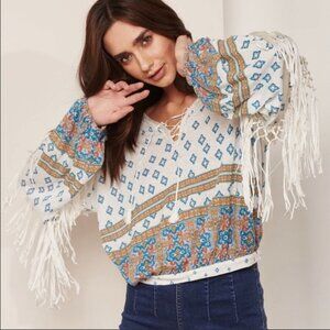 Free People Blue and White Fringe Blouse